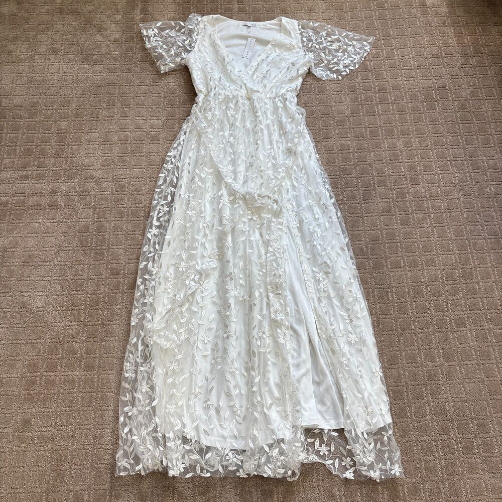 Baltic Born Marseille Embossed Maxi Dress Women's L White Long Slit Bride Fairy - Picture 3 of 10